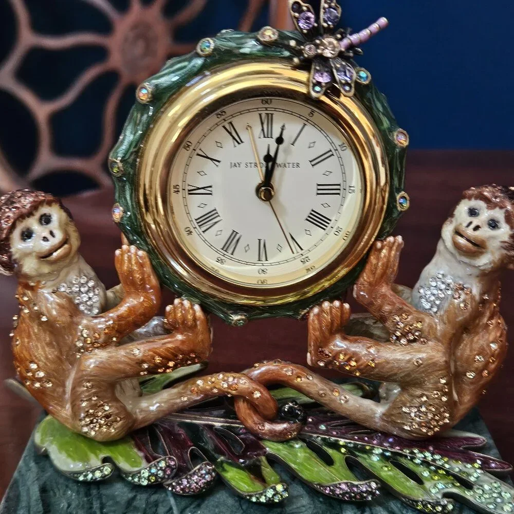 JAY STRONGWATER MONKEY DRA JUNGLE SAFARI CRYSTAL ENAMEL OFFICE DESK MANTEL CLOCK